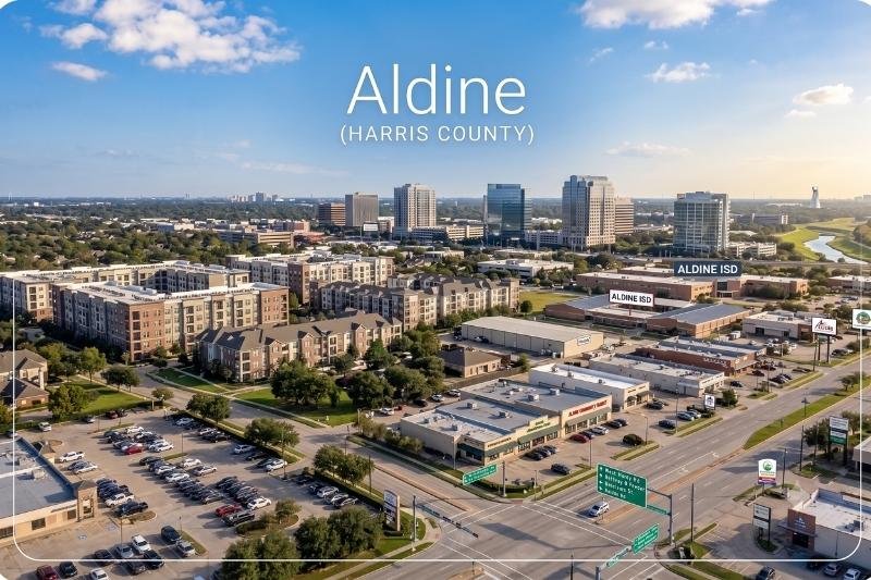 Aerial view of Aldine, Texas, neighborhood and commercial areas serviced by Affordable Plumbing Services.