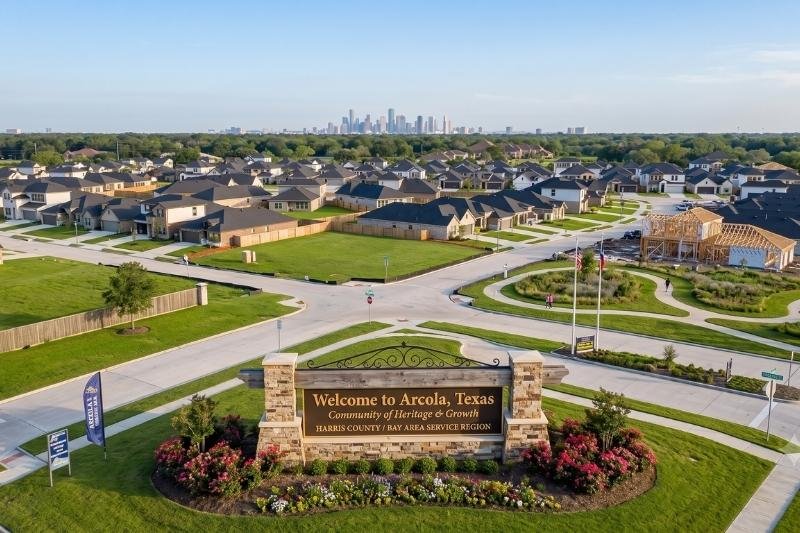 Affordable Plumbing Services area cover displaying an aerial view of an Arcola, Texas residential neighborhood and community welcome sign.