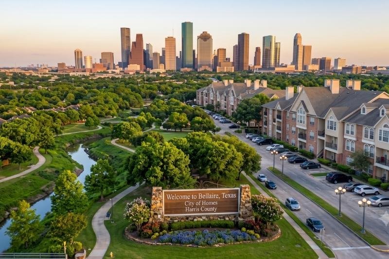 Affordable Plumbing Services area cover showing a Bellaire, Texas neighborhood, welcome sign, and the Houston skyline.