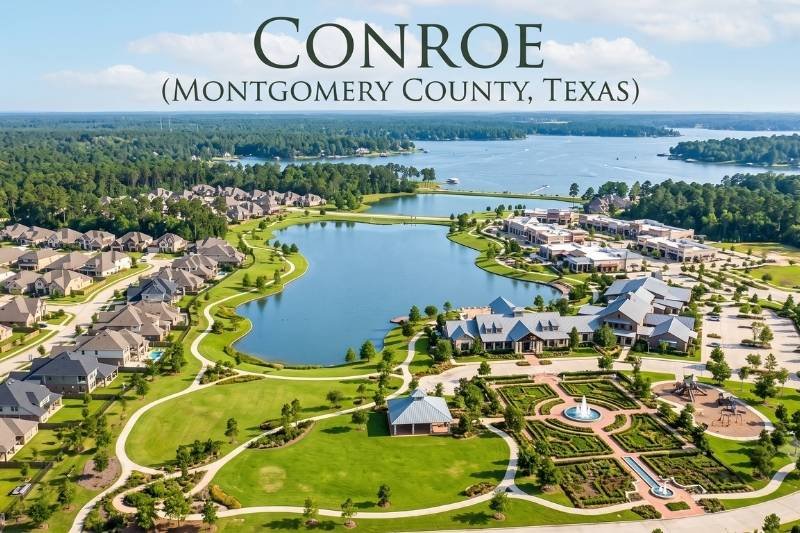 view of a scenic, master-planned community in Conroe, Montgomery County, featuring a large central lake, beautifully manicured parks, a fountain, and upscale homes,