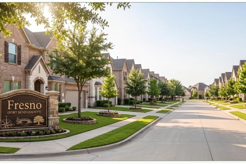 Residential street in Fresno, Texas with stone-accented homes, serviced by Affordable Plumbing Services.