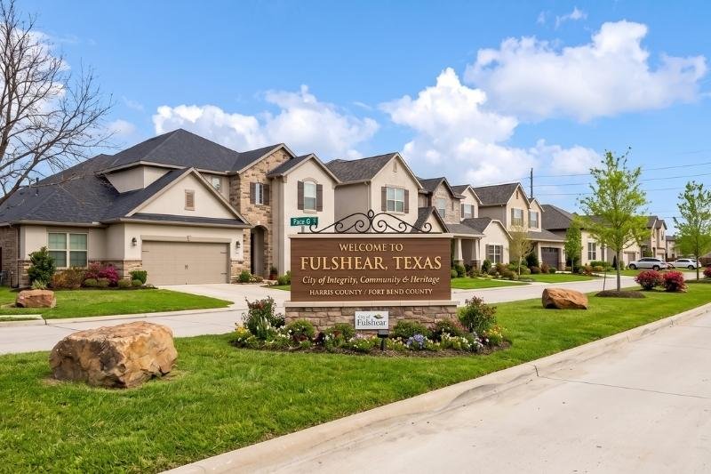 Affordable Plumbing Services area cover displaying a Fulshear, Texas residential neighborhood street and community welcome sign.