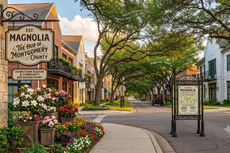 A beautiful tree-lined downtown street in Magnolia, Montgomery County, showcasing brick buildings and an ornamental sign with the town name