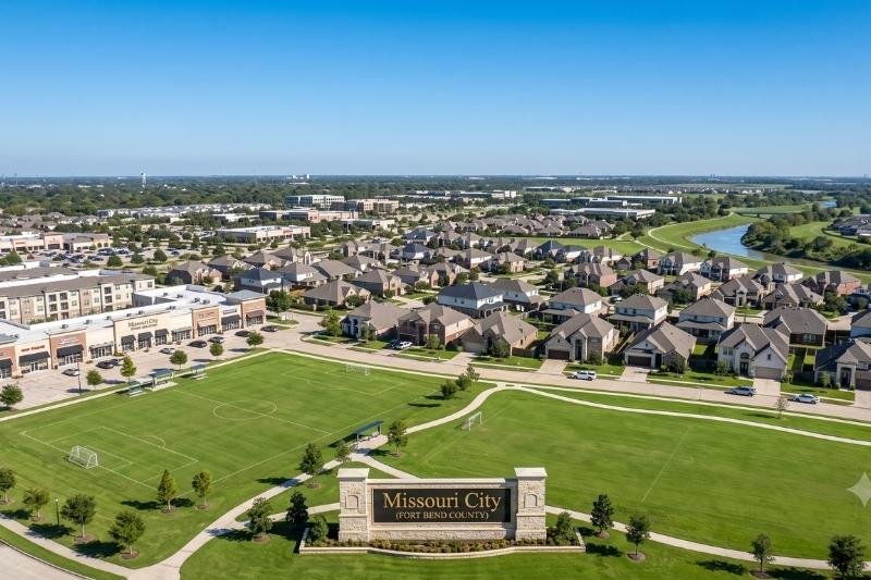 Aerial view of a Missouri City neighborhood, parks, and retail areas serviced by Affordable Plumbing Services.