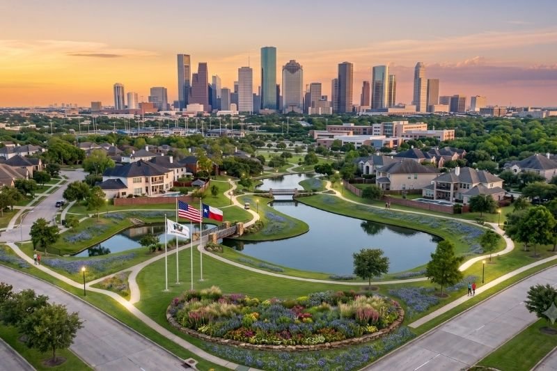 community with a scenic lake and winding flower beds, looking toward a large city skyline