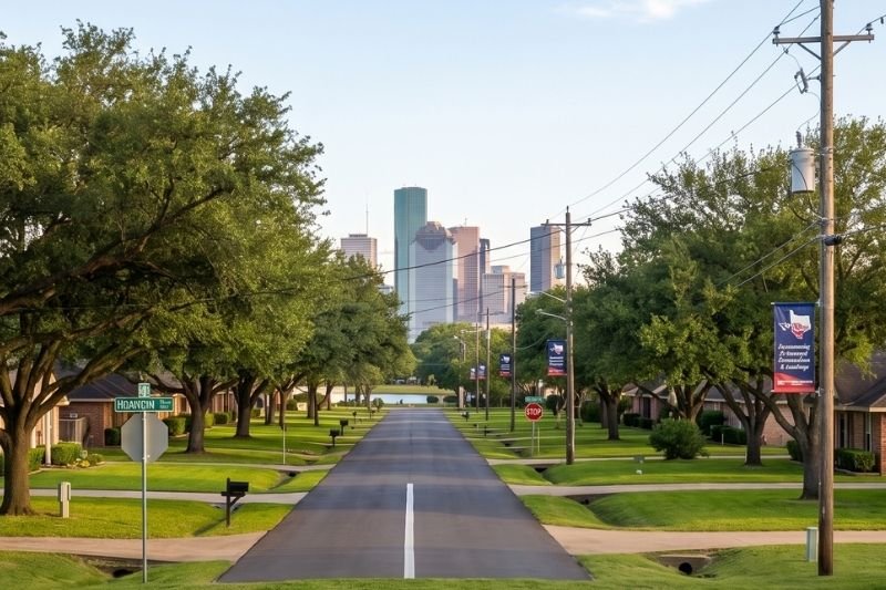 View down a tree-lined residential street with brick homes towards a large city skyline, serviced by Affordable Plumbing Services.