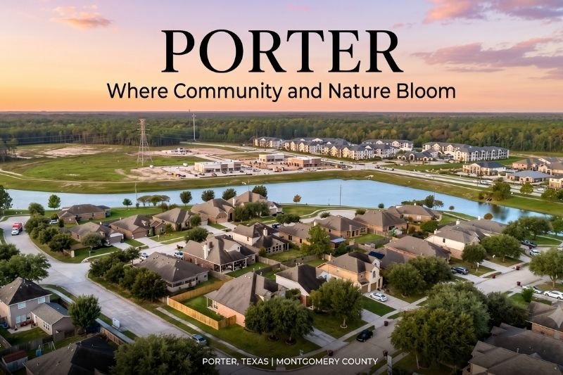 Porter, Texas neighborhood with upscale homes and a scenic lake at sunset