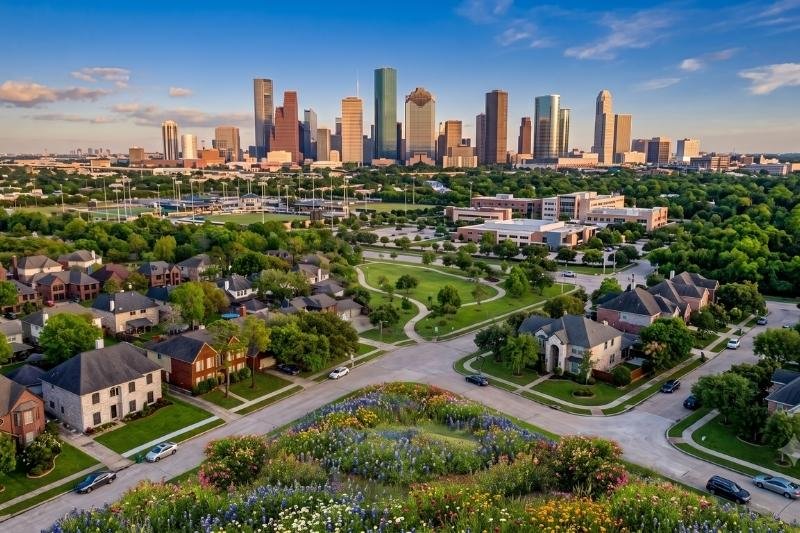 Affordable Plumbing Services area cover displaying an aerial view of a suburban neighborhood in Richmond, Texas, with the distant city skyline.