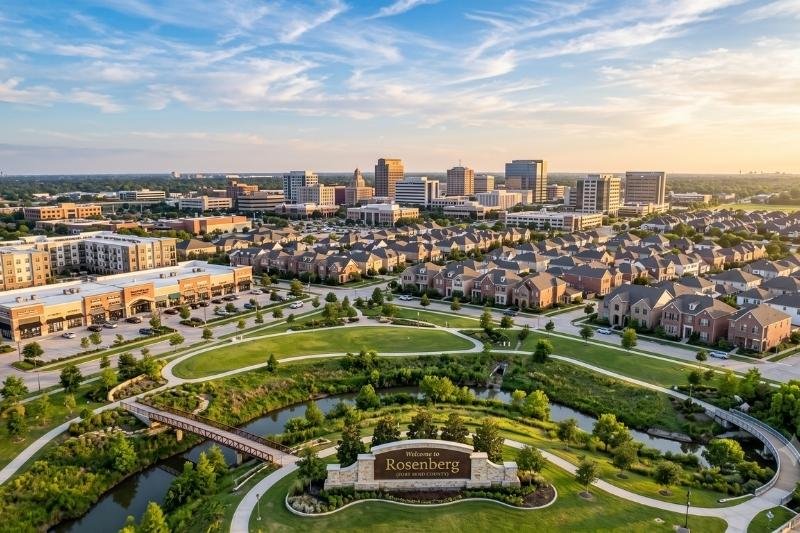 Aerial view of Rosenberg, Texas, featuring a park, city center, and residential areas, serviced by Affordable Plumbing Services.