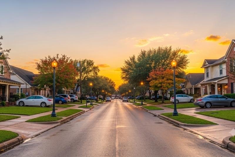 Residential street in Sheldon, Texas at sunset, serviced by Affordable Plumbing Services.