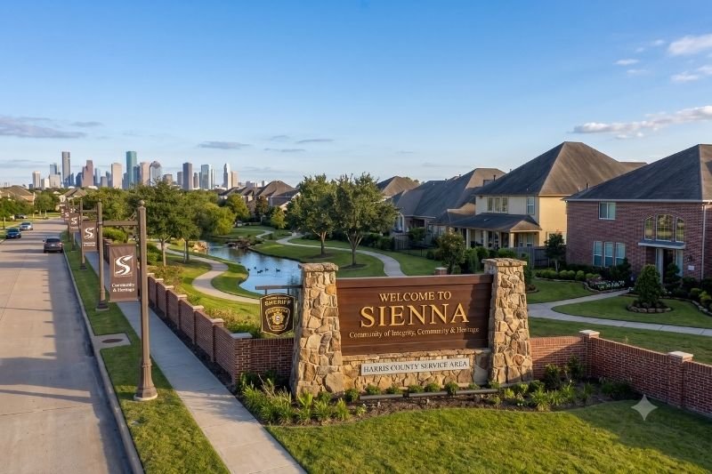 Affordable Plumbing Services area cover featuring the Sienna community entrance and the distant downtown Houston skyline.