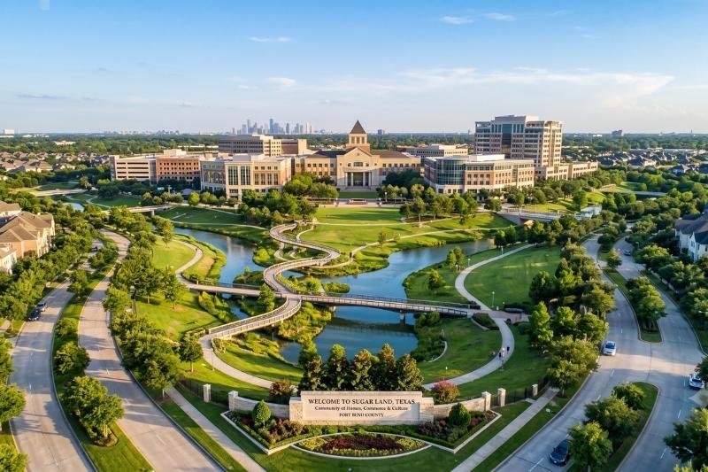 Affordable Plumbing Services area cover displaying an aerial view of a Sugar Land, Texas master-planned community and the town welcome sign.
