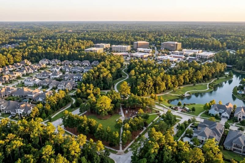 An aerial drone view of a lush, master-planned neighborhood in The Woodlands, Montgomery County, featuring upscale homes, a scenic lake, and dense green pine trees, presented by Affordable Plumbing Services.