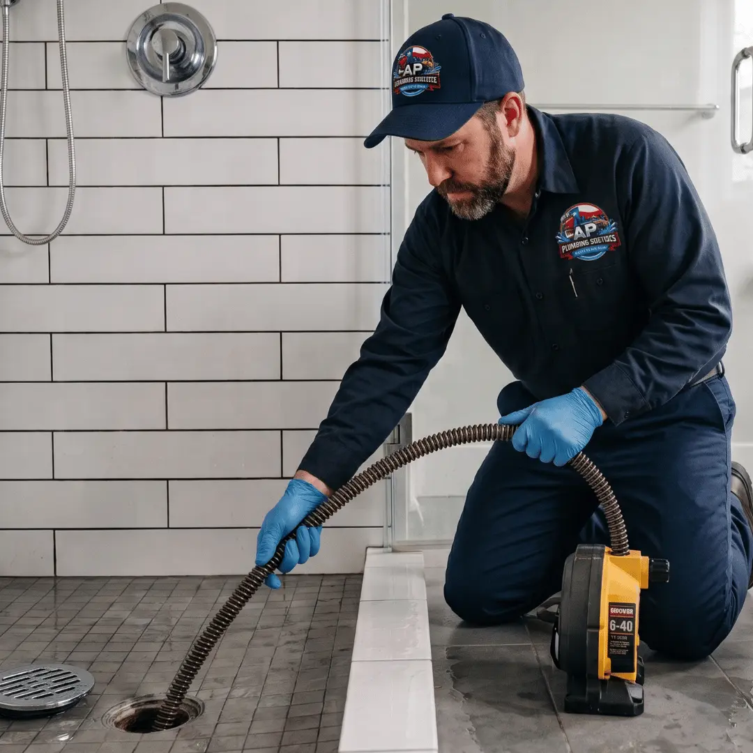 Technician cleaning bathroom shower drain