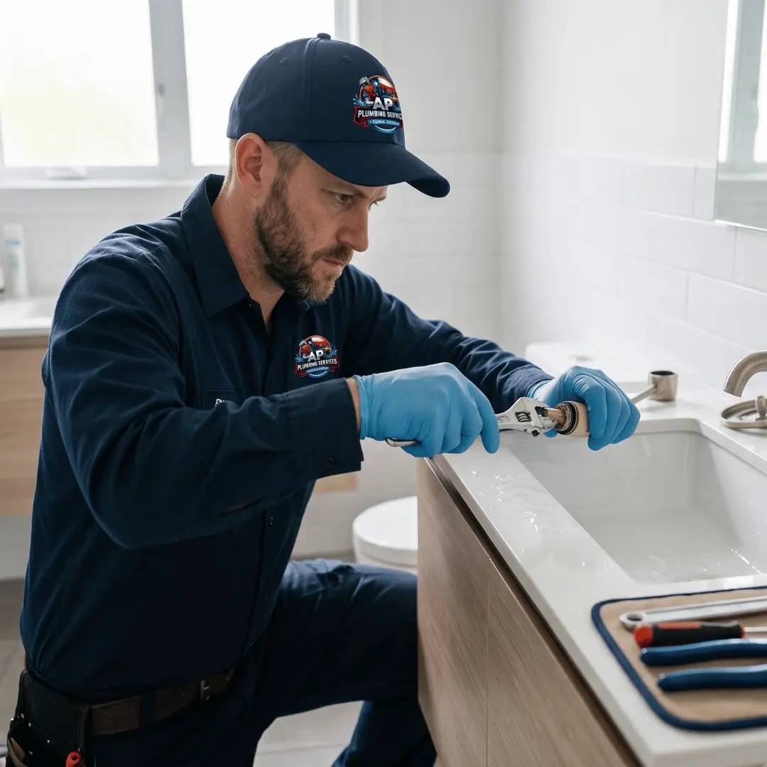 Technician repairing bathroom faucet fixture