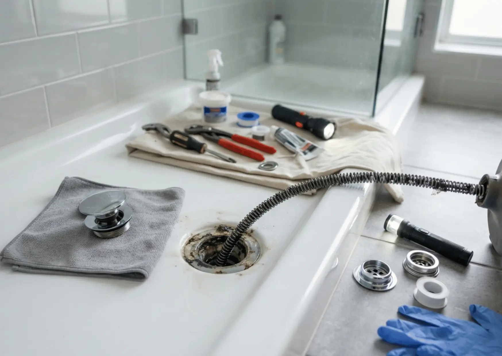Bathtub drain cleaning with drain auger