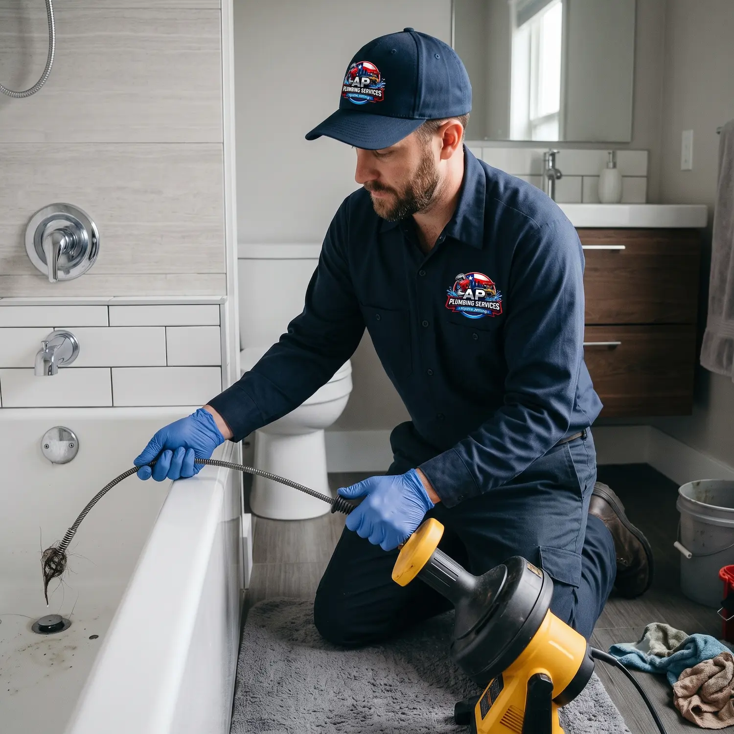 Technician clearing clogged bathtub drain