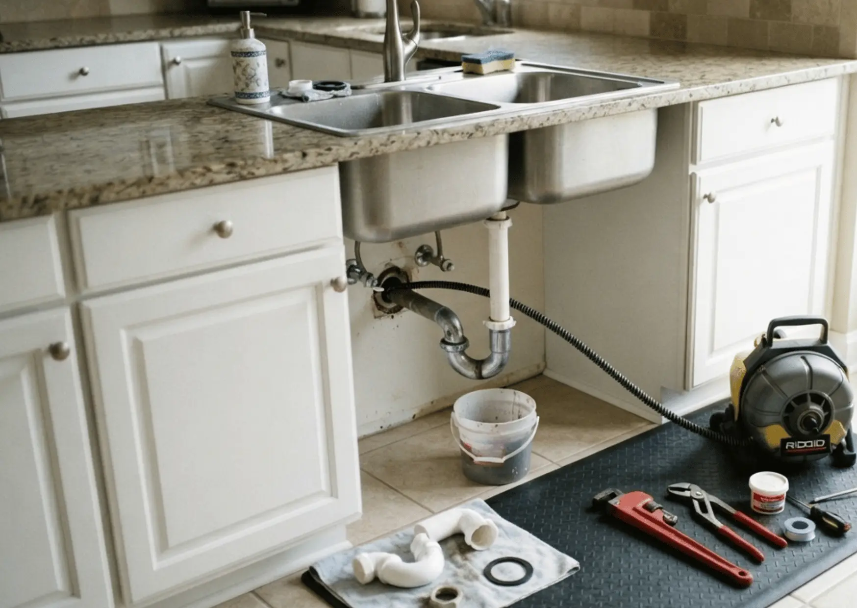Clogged kitchen drain repair equipment