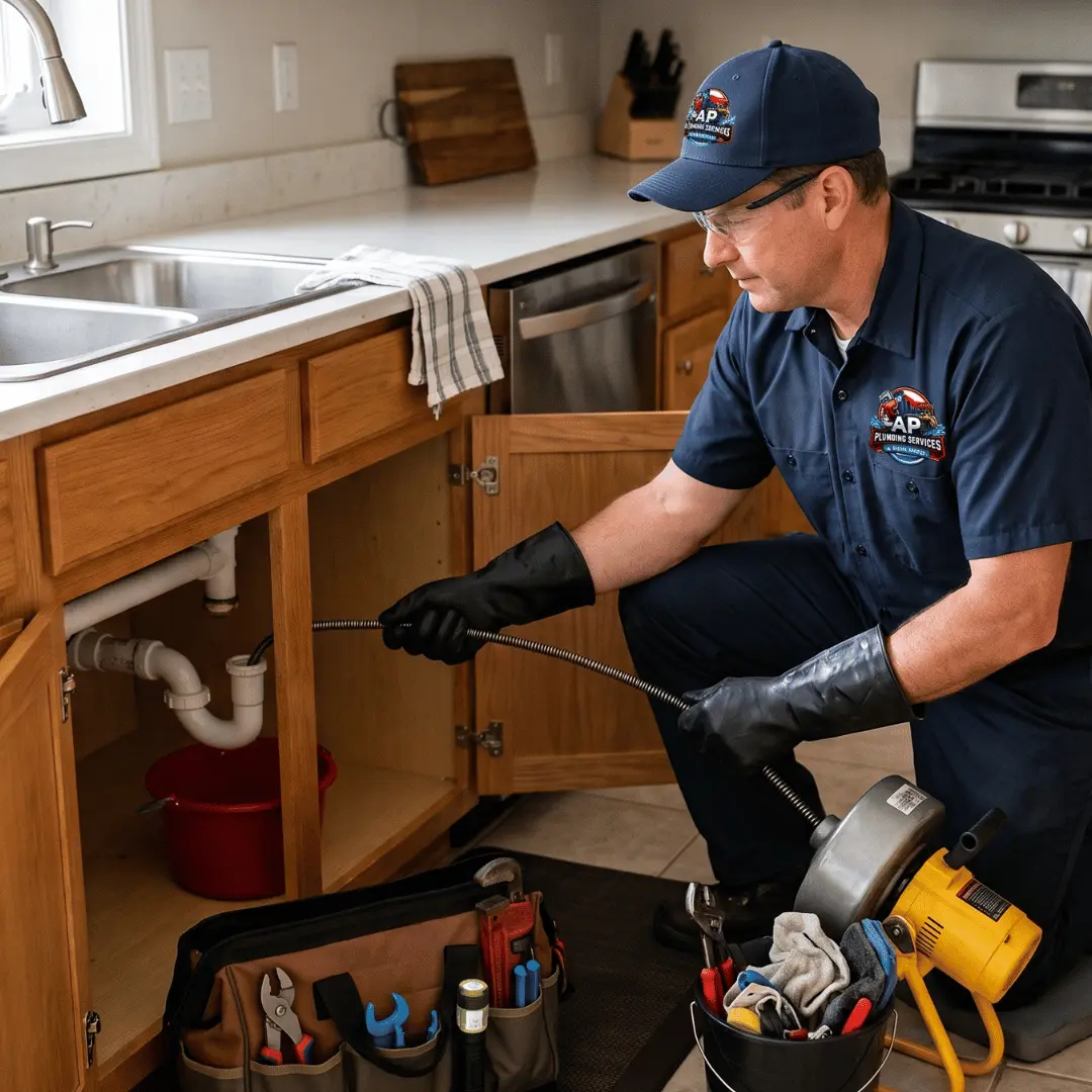 Technician repairing clogged kitchen drain