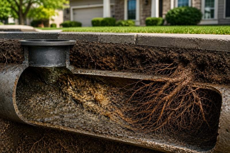Tree roots blocking a sewer pipe and restricting water flow