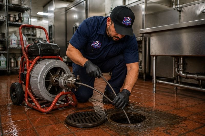 Plumber performing commercial drain cleaning in a commercial kitchen
