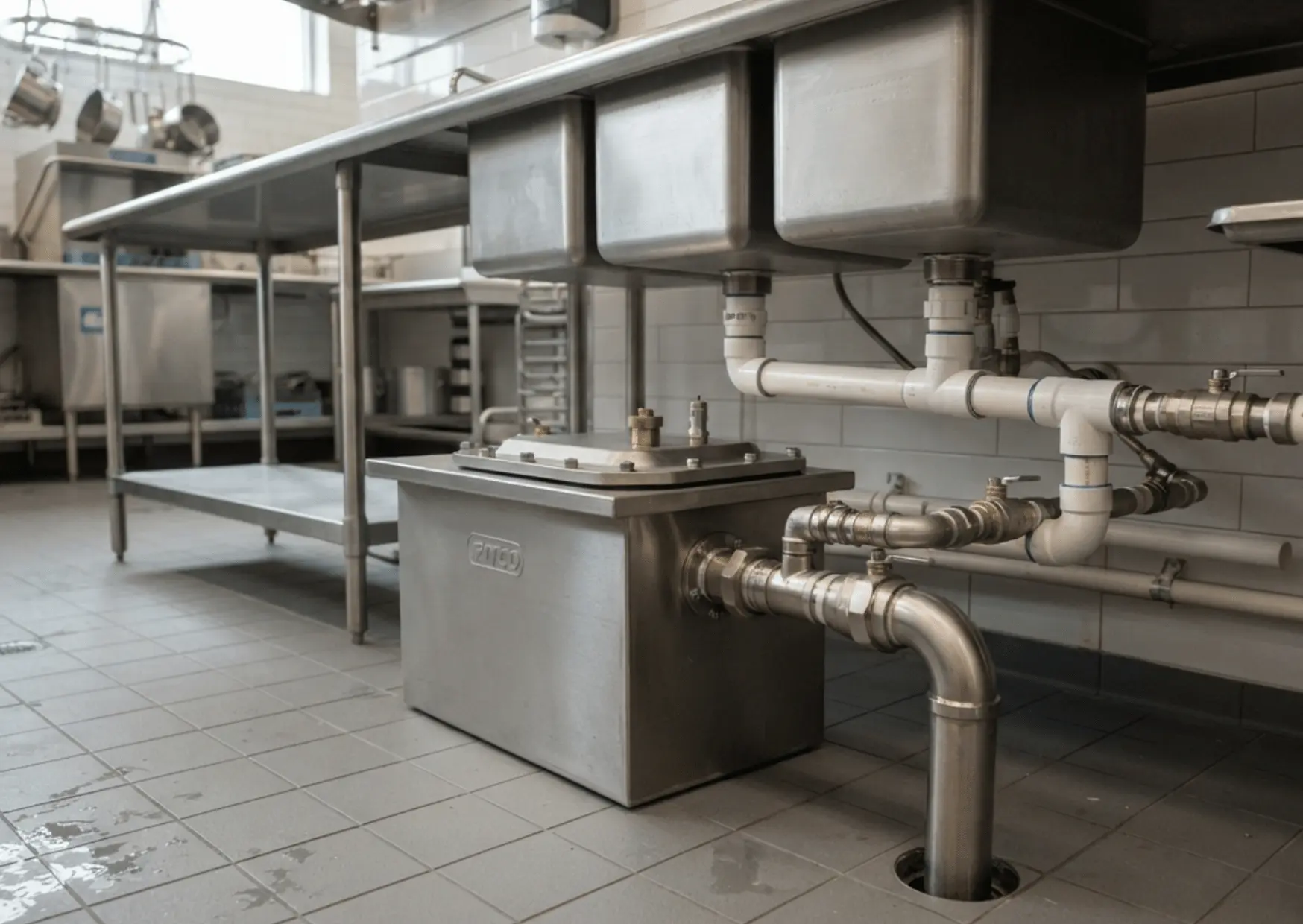 Grease trap plumbing in commercial kitchen