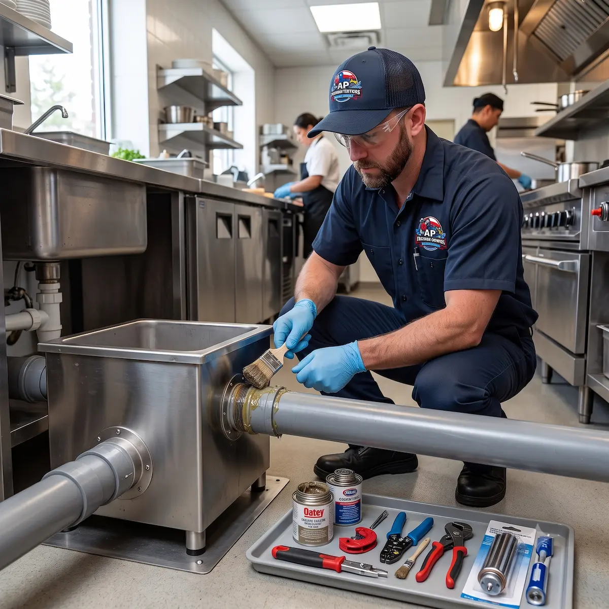 Plumber applying grease trap sealant