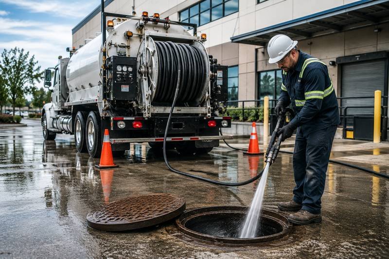Technician performing commercial hydro jetting on a commercial sewer line