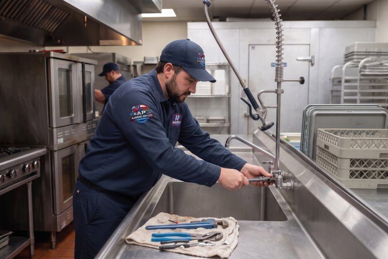 Professional plumber with the Affordable Plumbing logo cap installing a pre-rinse faucet in a commercial kitchen sink.