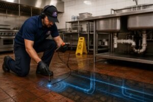Technician performing commercial leak detection beneath a commercial floor