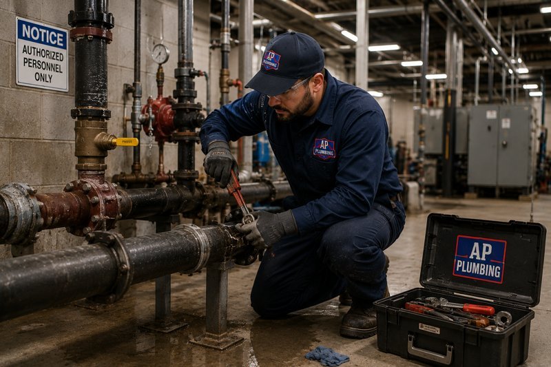 Plumber repairing commercial plumbing pipes inside a mechanical room