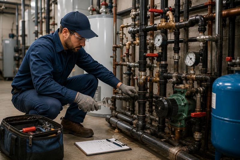 Technician performing routine commercial plumbing maintenance in a mechanical room
