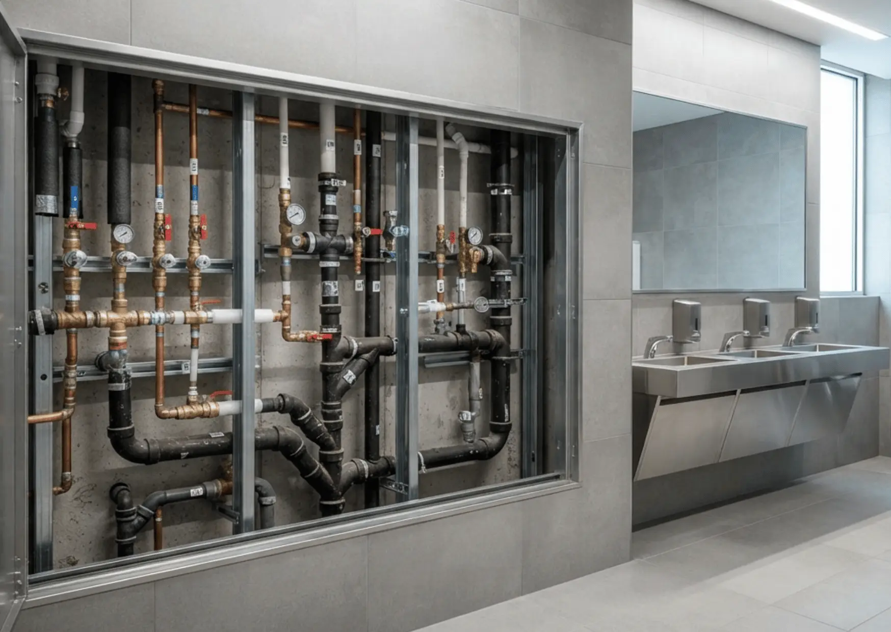 Commercial restroom plumbing pipe system