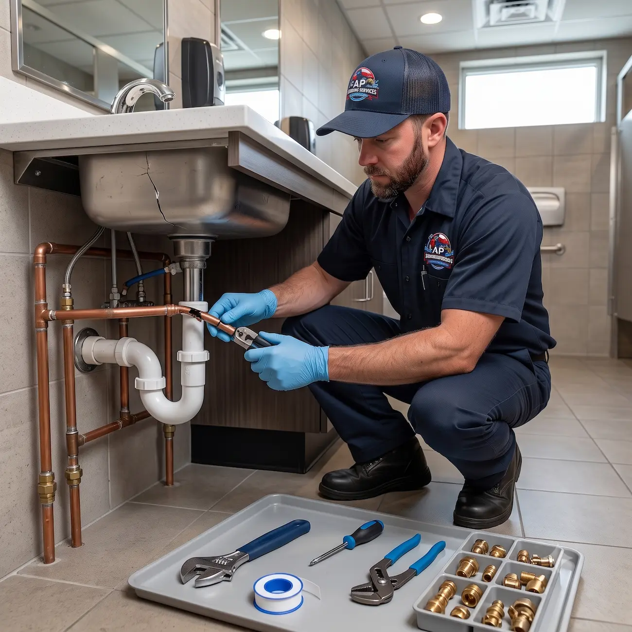Plumber repairing commercial restroom sink pipes