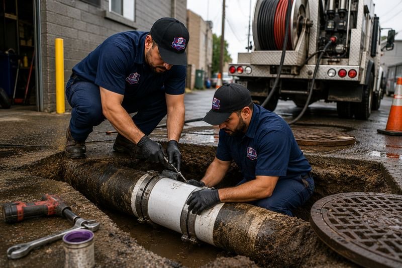 Plumbers repairing a damaged commercial sewer line in an excavated trench