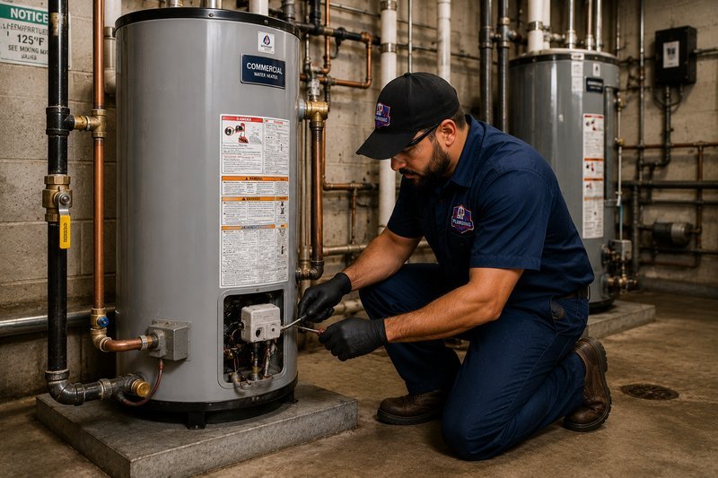 Technician servicing a commercial water heater in a mechanical room