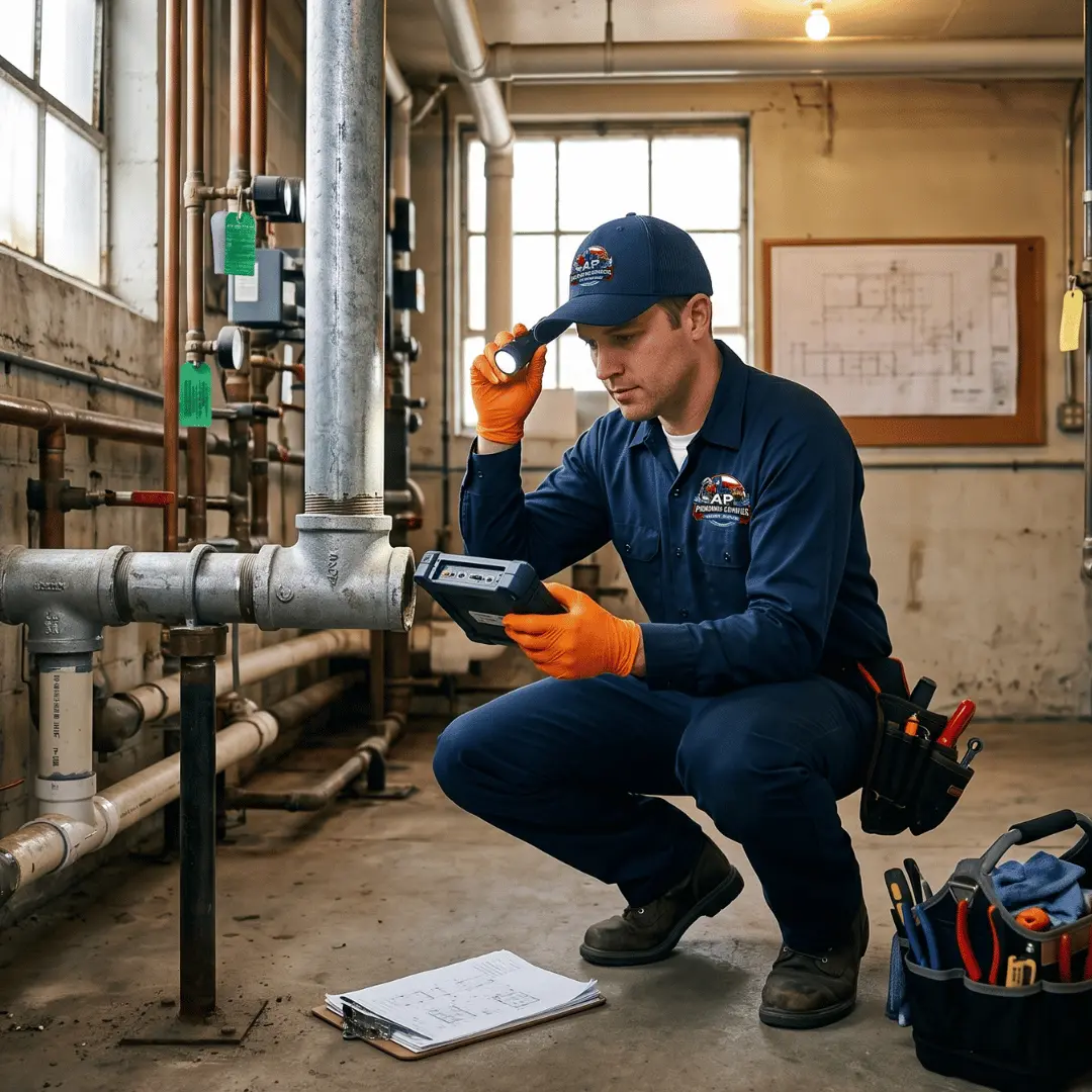 Commercial plumber with tools on floor