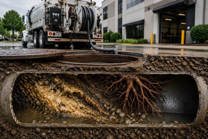 Commercial sewer line blocked by grease buildup and tree roots