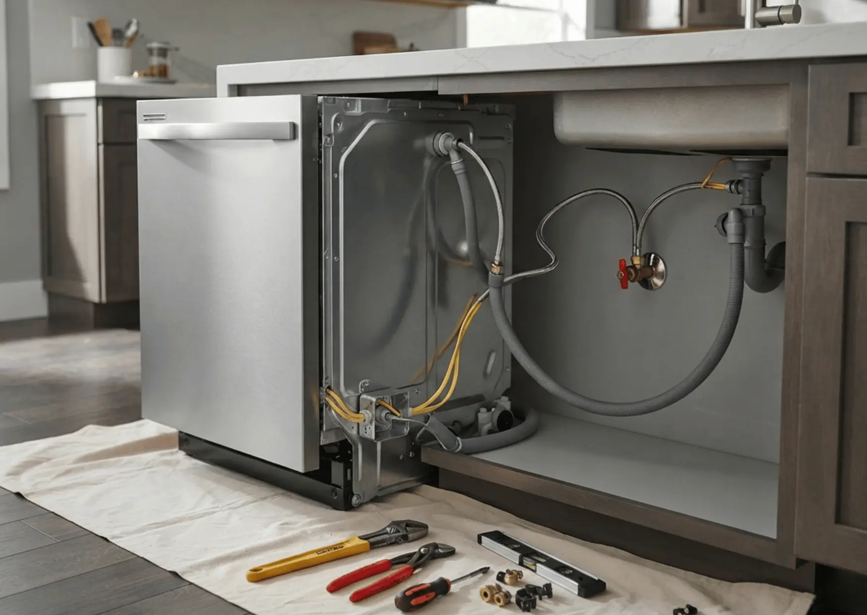 Dishwasher installation setup with plumbing connections and tools beside a residential kitchen cabinet