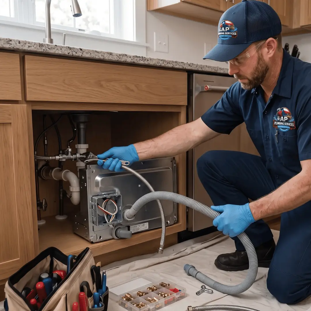 Professional plumber installing a dishwasher with water supply hose and plumbing tools in a residential kitchen