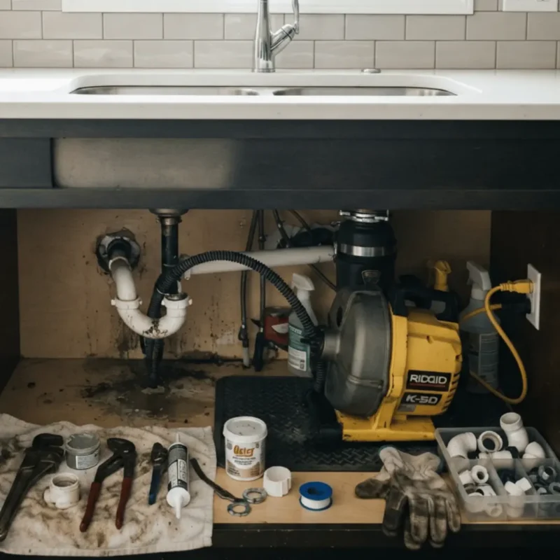 Professional drain cleaning equipment and plumbing tools under a residential kitchen sink