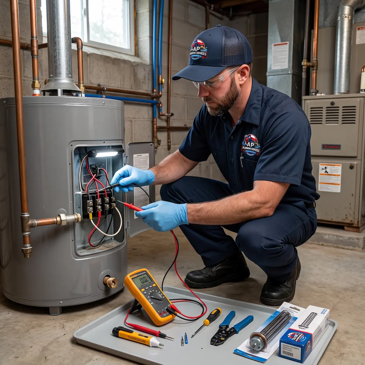 Technician repairing electric water heater system