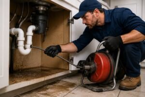 Cleaning Plumber performing emergency drain cleaning using professional equipment