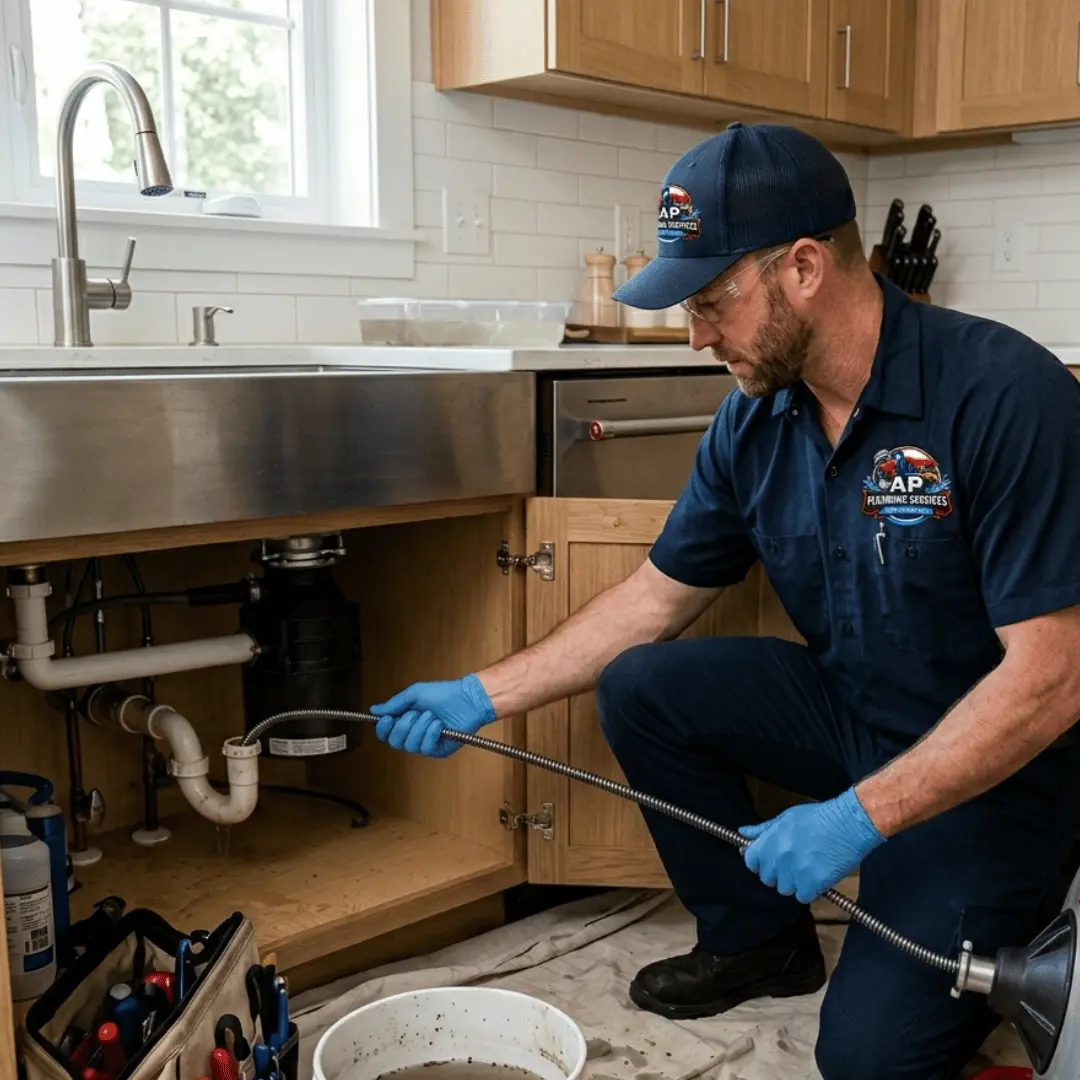Professional plumber performing emergency drain cleaning under a kitchen sink with drain snake equipment