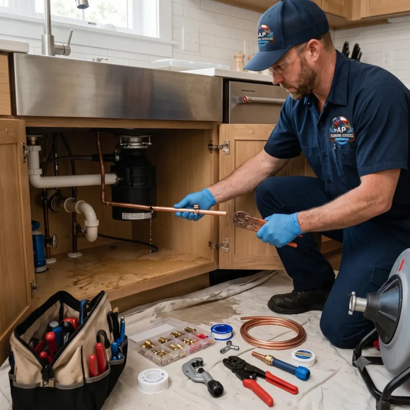 Professional plumber performing emergency pipe repair under a kitchen sink with plumbing tools and replacement pipes