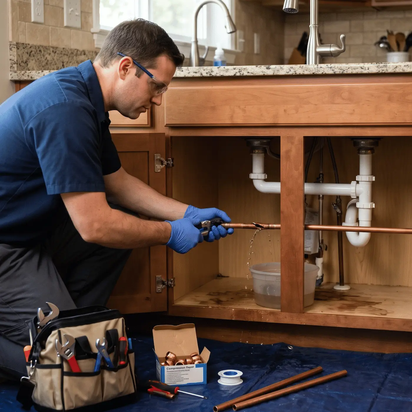 Professional plumber performing emergency pipe repair under a kitchen sink with plumbing tools and replacement pipes