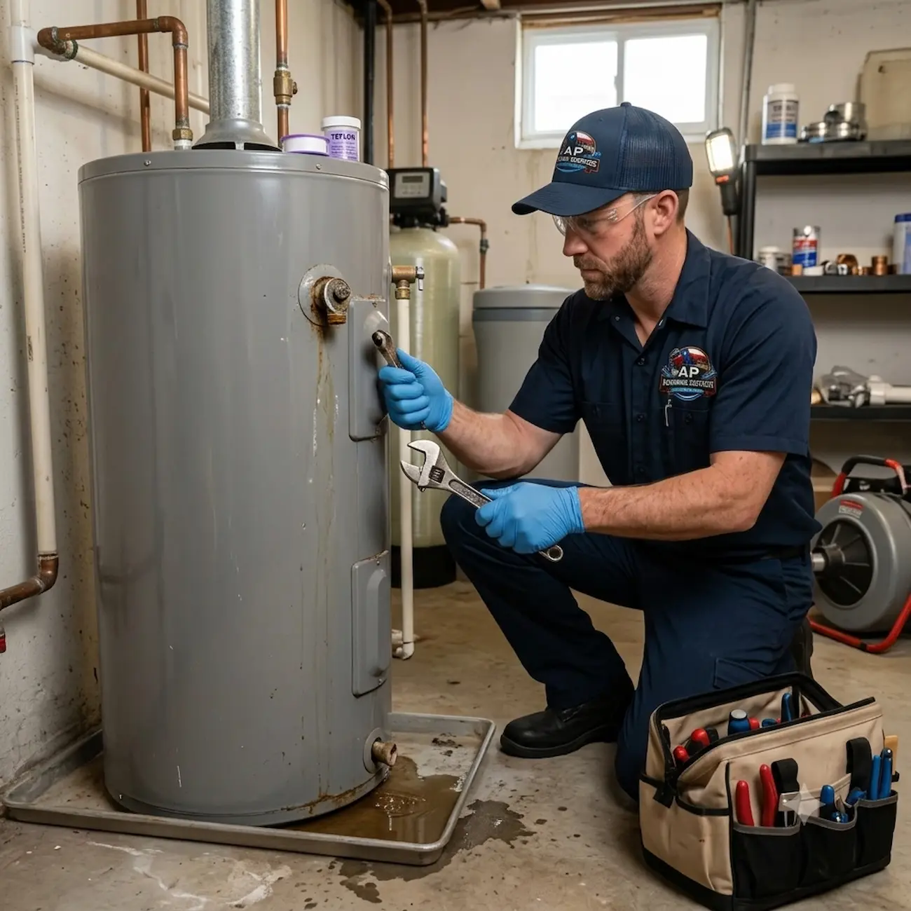 Professional plumber performing emergency water heater repair with tools beside a leaking water heater