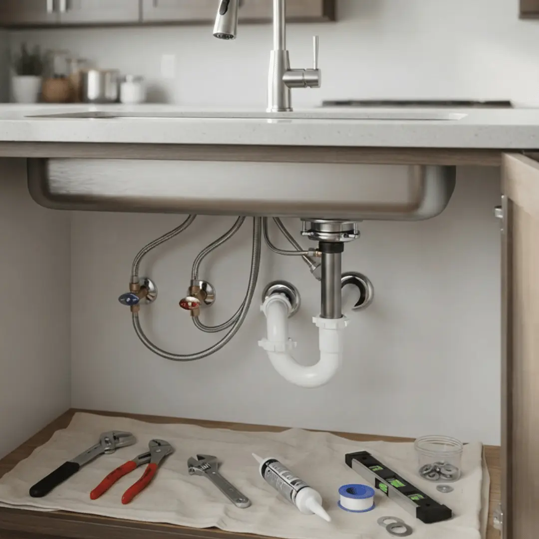 Kitchen faucet installation with new plumbing connections and tools under a residential sink cabinet