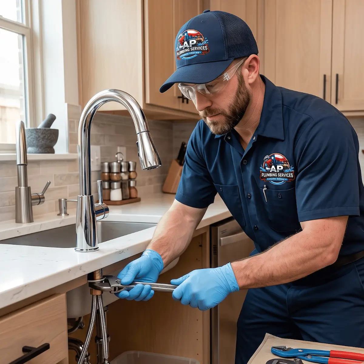 Professional plumber installing a new kitchen faucet with tools in a residential kitchen sink area