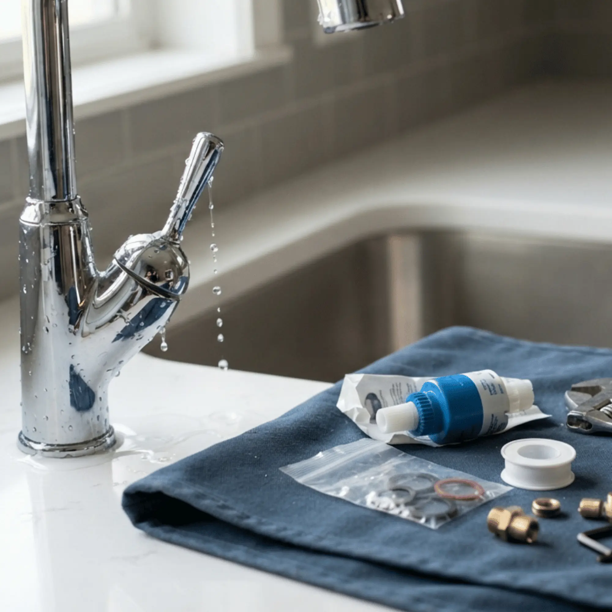Leaking kitchen faucet with plumbing repair supplies and tools on countertop